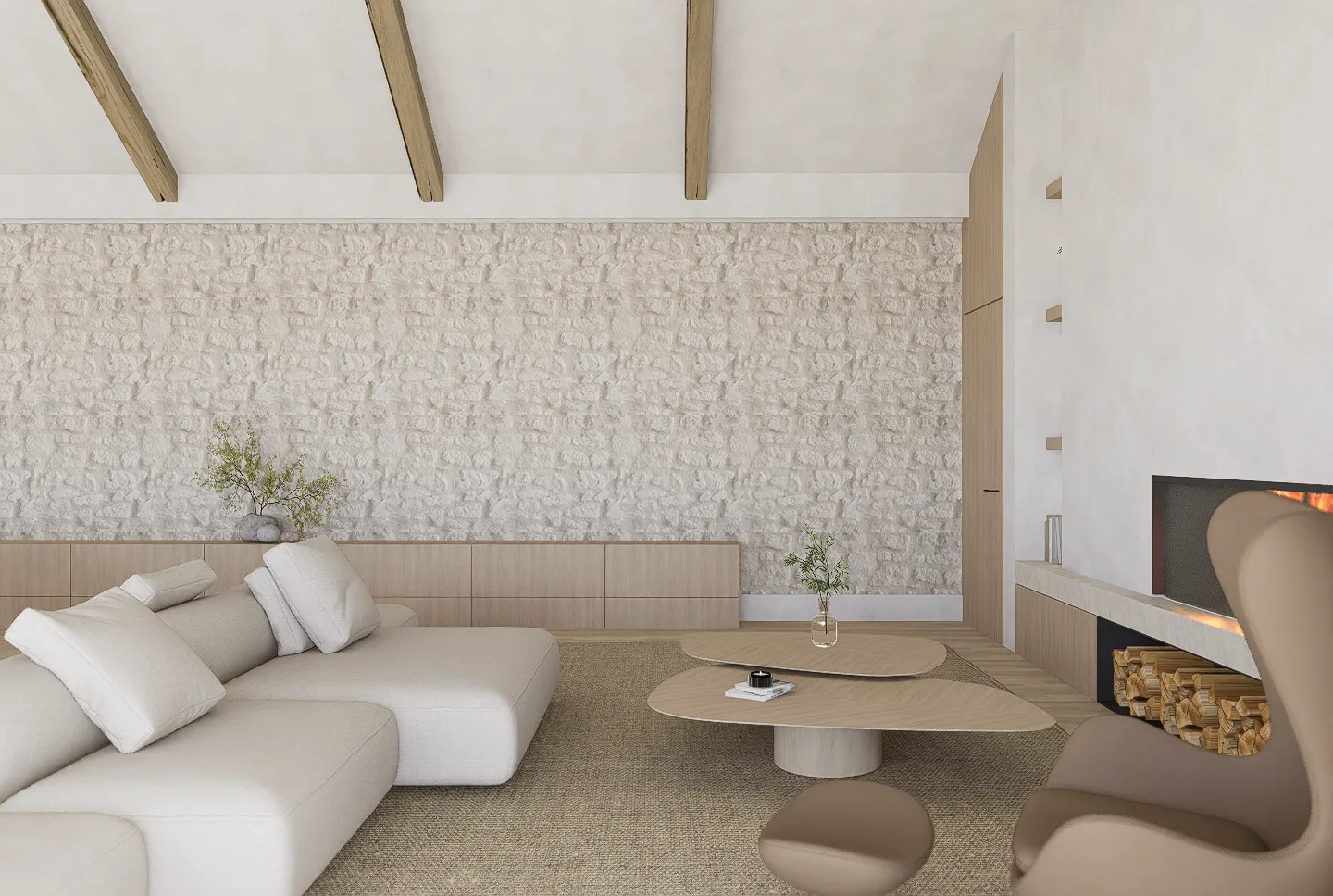 Slaapkamer met houten hoofdbord