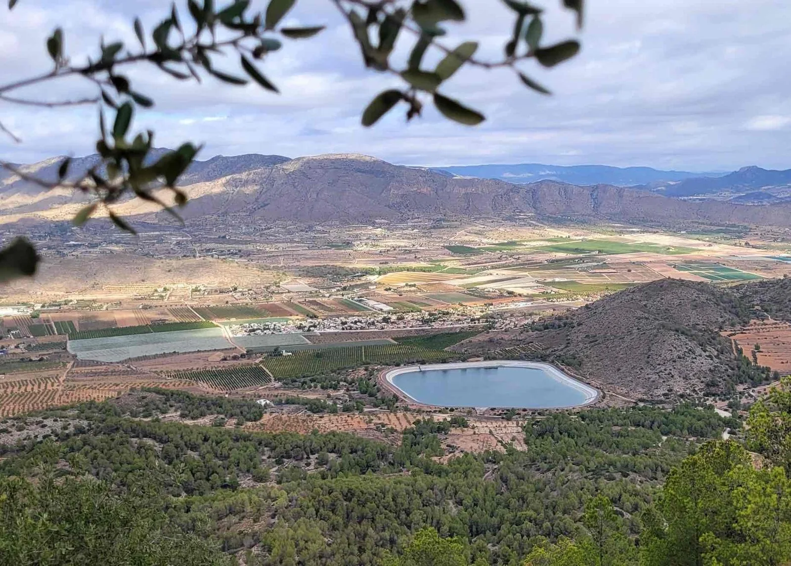 Open terrein met landbouwgrond en een waterbekken in het binnenland van Alicante